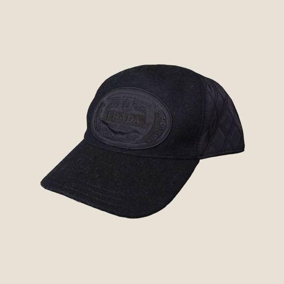 Prada Milano Embroidered Crest Logo Hat Black Wool Size L